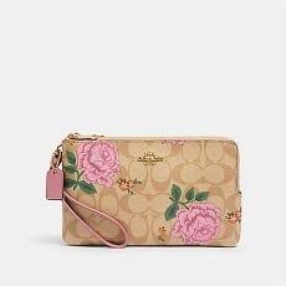 COACH DOUBLE ZIP WALLET IN BOUTIQUE SIGNATURE CANVAS WITH PRAIRIE ROSE PRINT NEW